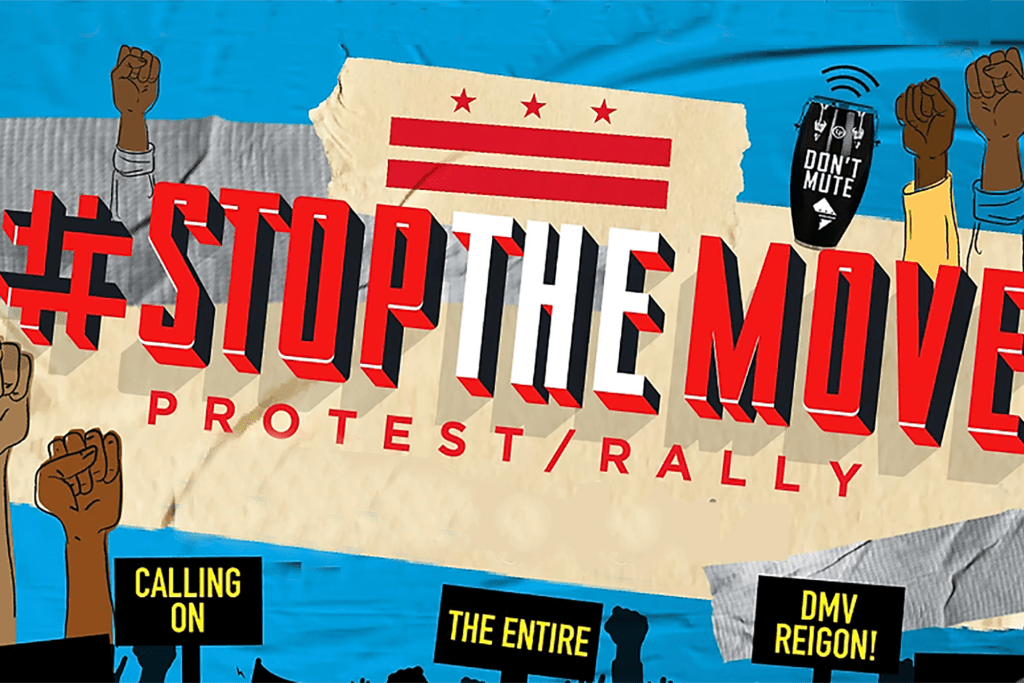 #stopthemove graphic with arms raised and protest signs